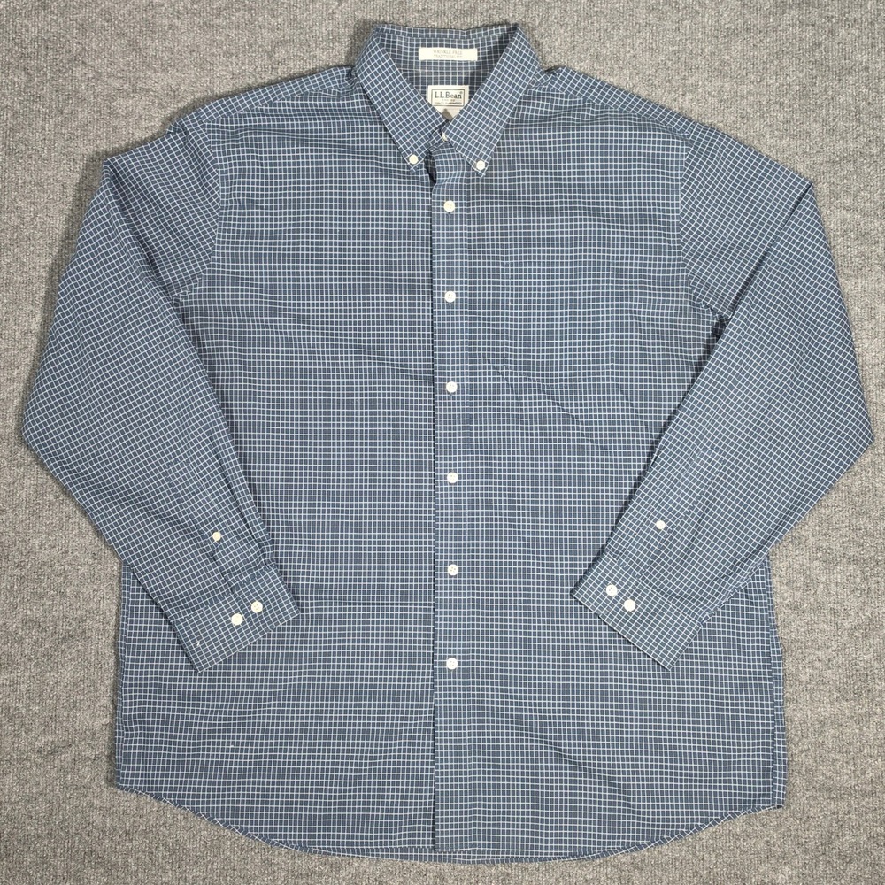 LL Bean Mens XL Traditional Fit Wrinkle Free Cotton Grid Button Down Shirt Blue
